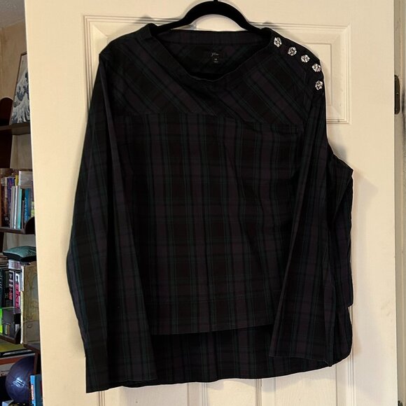 J Crew Funnel Neck Blouse with Festive Buttons in Blackwatch Plaid, Size 18 - Picture 1 of 7